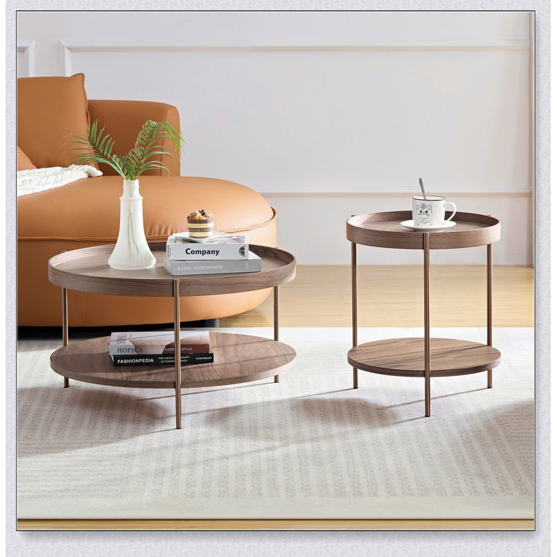 2-Piece Modern 2 tier Round Coffee Table Set for Living Room,Easy Assembly Nesting Coffee Tables, Walnut