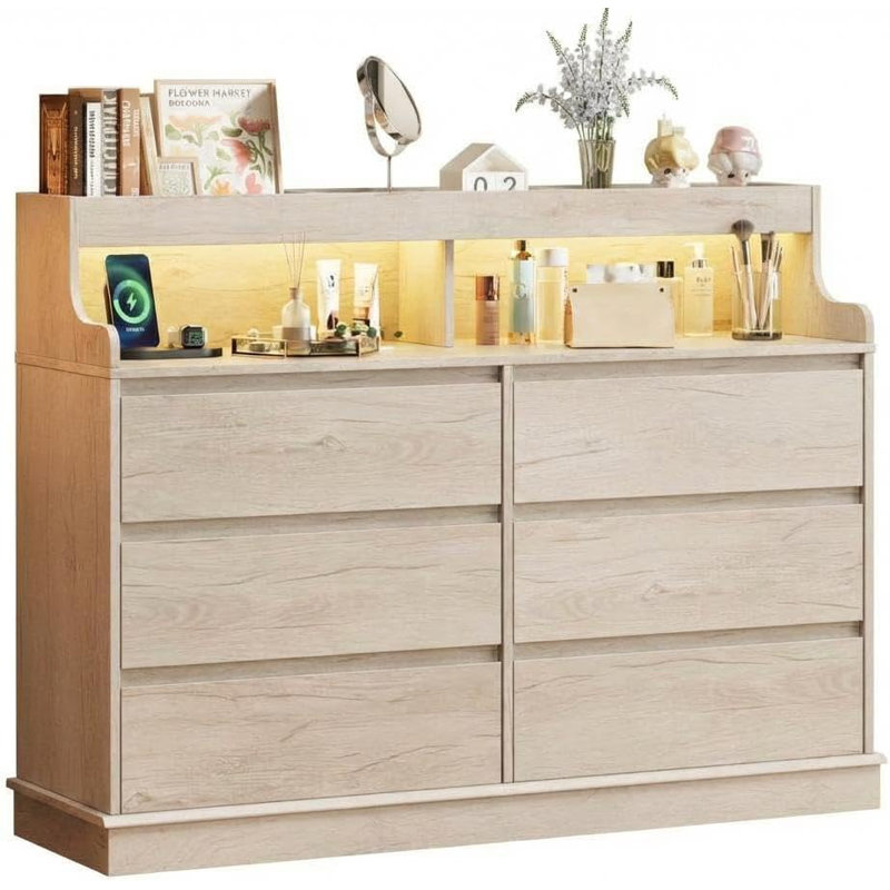 6 Drawer Dresser for Bedroom with LED Lights & Charging Station, 51.2" Wide Dresser with Open Shelf for Living Room, Bedroom