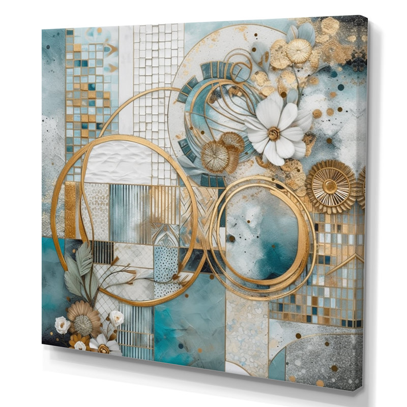Motif floral doré bleu mosaïque II - décoration murale florale, H 36 po x l 36 po, Toile tendue