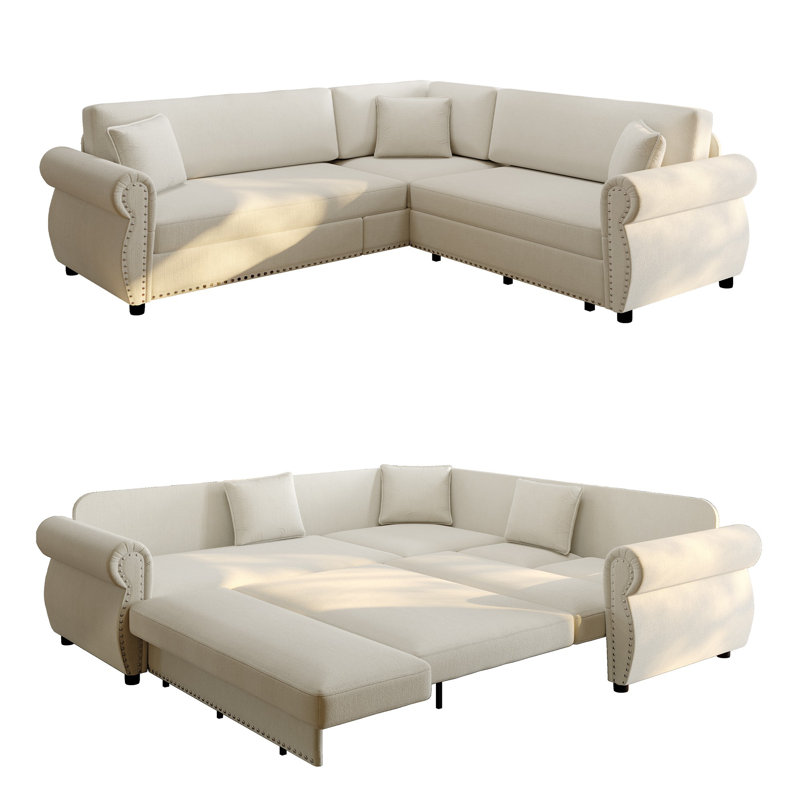 Canapé-lit en L 88,2 po en chenille avec grand lit gigogne, garniture cloutée et accoudoirs roulés - Canapé modulaire convertible 5 places pour le salon, l’appartement et le bureau - Beige