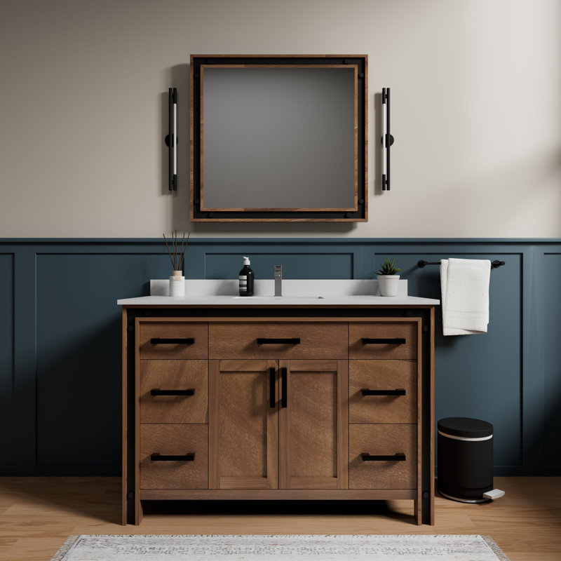 Ziva 48 in W x 22 in D Single Bath Vanity, White Top, 34 in Mirror and Chrome Faucet Set, Rustic Barnwood