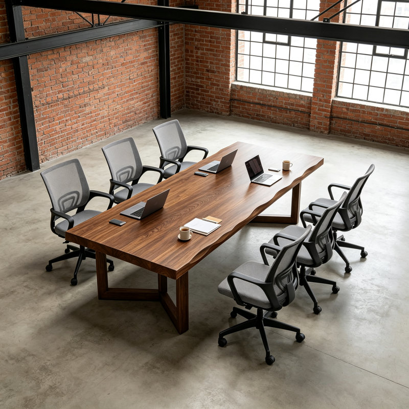 Ensemble de table de conférence rectangulaire moderne en bois massif avec 6 chaises de bureau