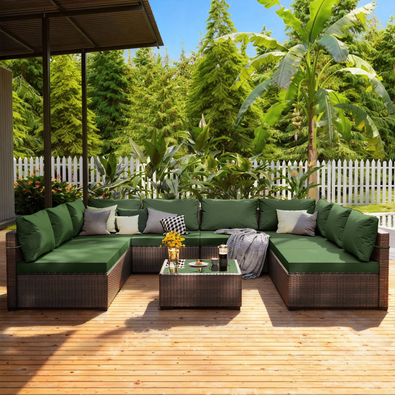 9-piece wicker patio conversation sets with cushions, Green