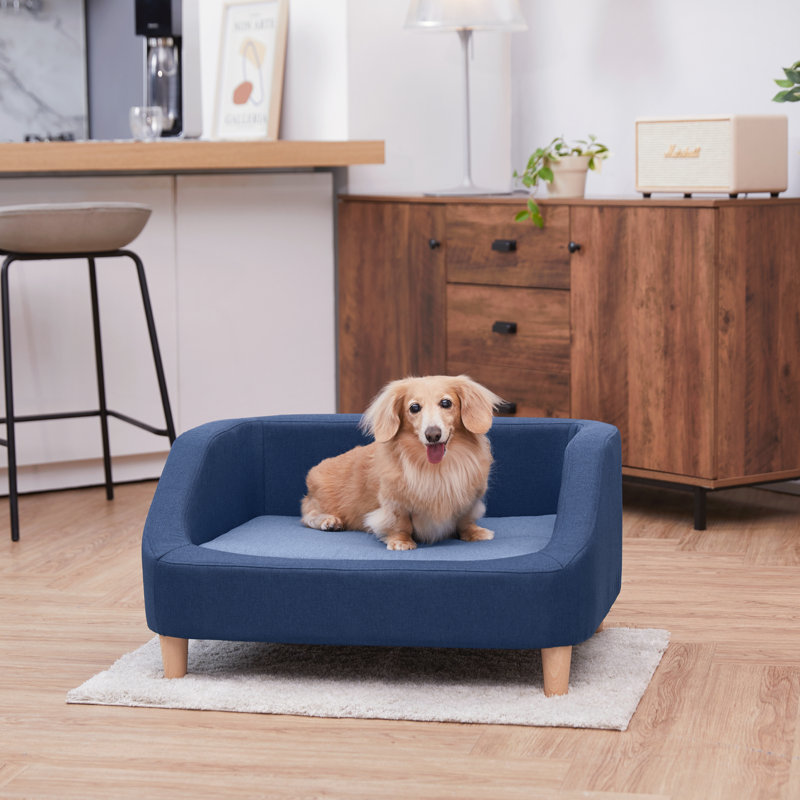 Small Navy Linen Upholstered Elevated Pet Sofa