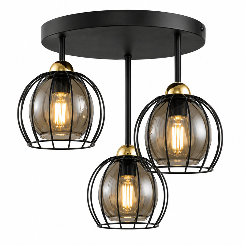 Glass Semi Flush Mount, Matt Black/Gold, 40cm W x 40cm D, 3 Lights