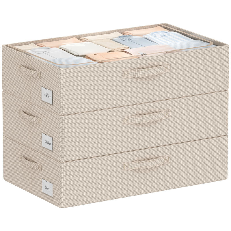 3Pcs Under Bed Storage Bins With Metal Frame - Shoe Organizer For Closet With Clear Cover Oxford Fabric Sturdy Underbed Container Foldable Stackable Clothes Organizer (Beige)