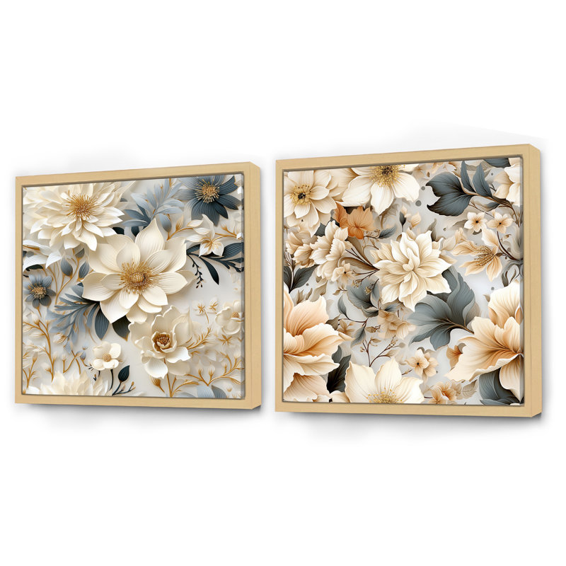 Ensemble de 2 collage éthéré bleu et blanc à motif de chrysanthèmes - motif floral carré, Cadre flottant brun