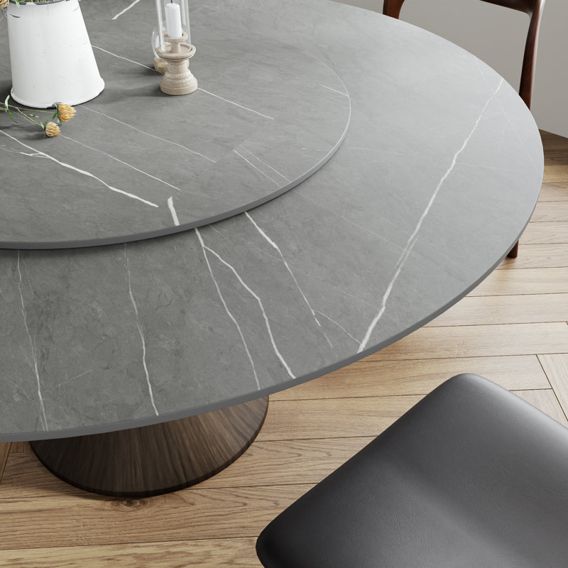Plateau tournant invitant avec plateau en pierre grise, table de salle à manger à piédestal sculpté Jalmari