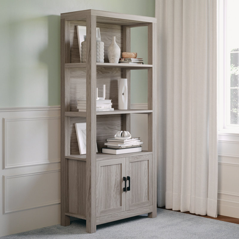 Bibliothèque à 4 niveaux avec armoire Martha Stewart Hutton, Bois gris délavé / bronze huilé
