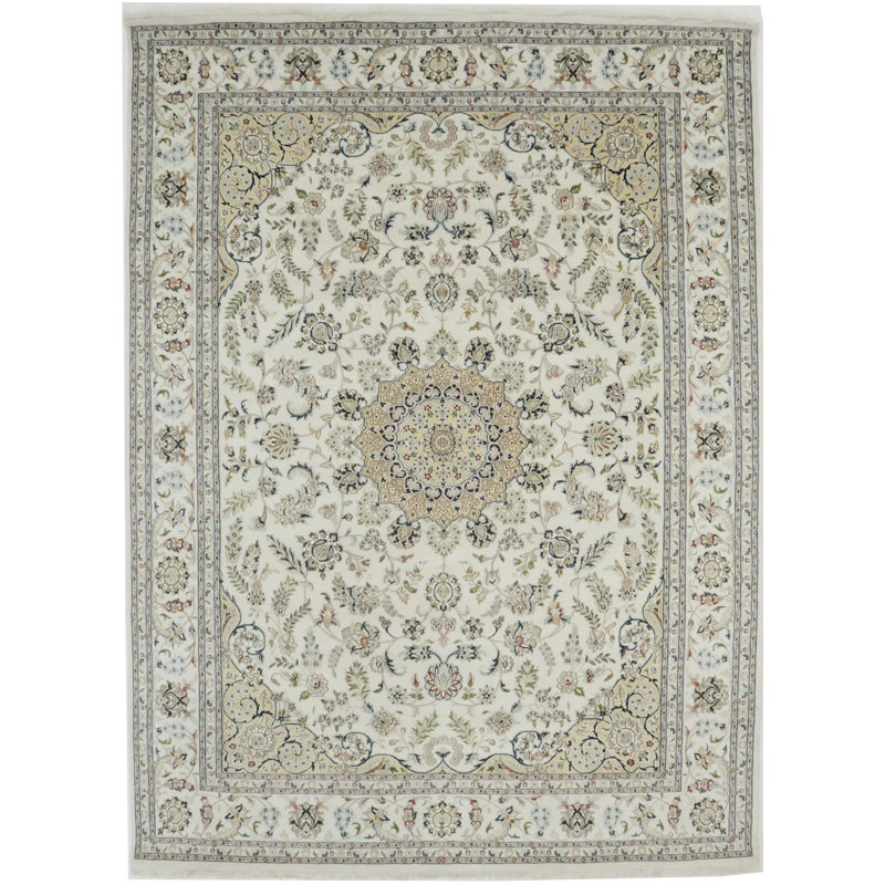 Tapis floral crème / beige / brun en laine noué à la main Floral, Rectangle 8 pi 11 po x 12 pi 1 po