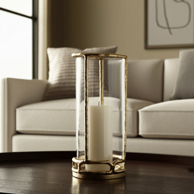 Modern Pillar Hurricane Candle Holder for Home Decor - Modern Tabletop Candlestick Holder for Shelf Accent - Gold & Metallic