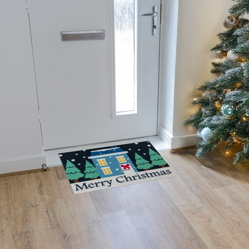 Machine Washable Indoor Christmas Mat - Merry Christmas Home 40x57cm - Blue