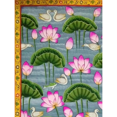 Lotus And Birds In Pond - Pichwai Art | Watercolor On Cloth | By Jagriti Bhardwaj