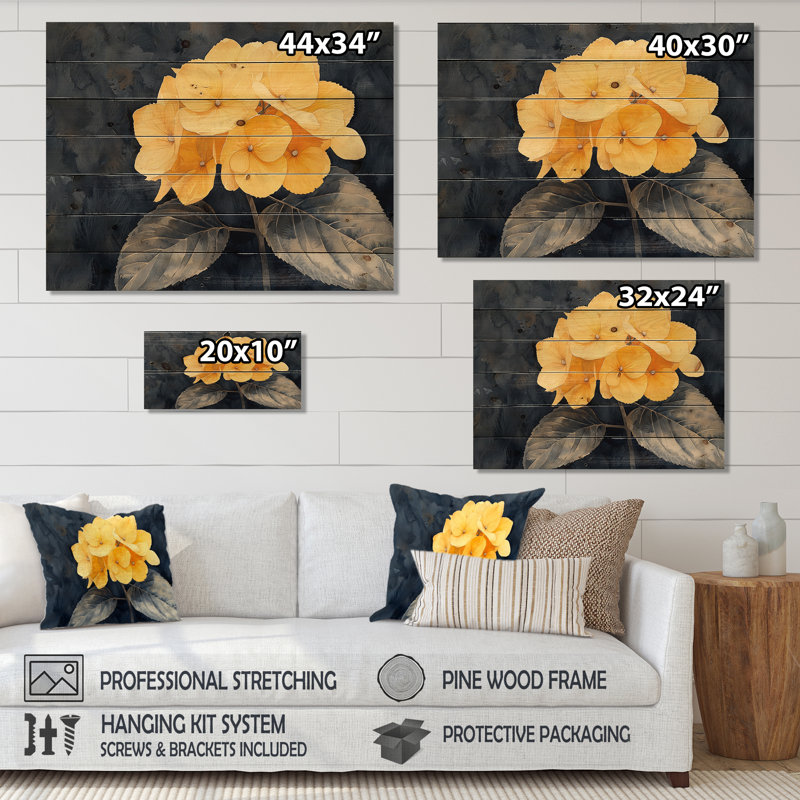 Hydrangées jaunes, foyer I - décoration murale en bois d'hortensias - sur bois de pin naturel, H 10 po x l 20 po