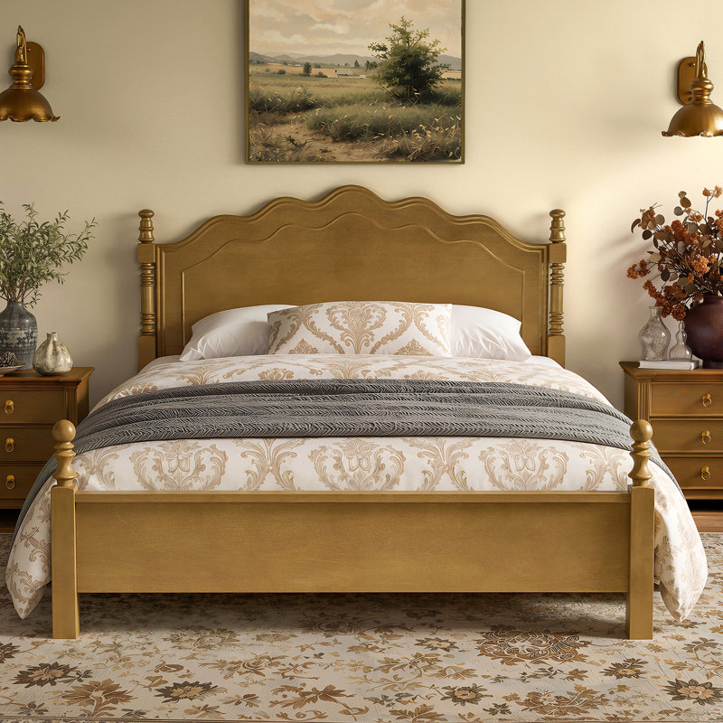 Structure de lit grand, lit en bois de style américain rétro classique avec tête de lit incurvée, base de lit plateforme avec support solide, aucun sommier requis, mobilier de chambre traditionnel