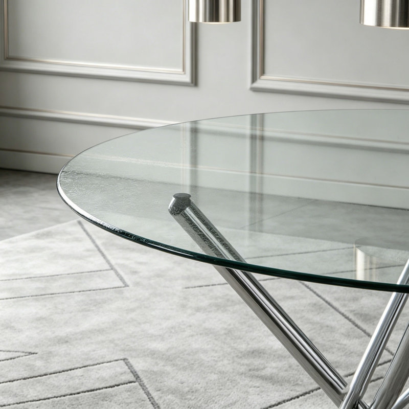 Table de salle à manger ronde en verre transparent, Argent