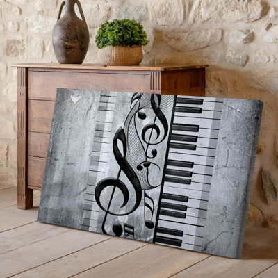 Toile, composition abstraite texturée en noir et blanc avec art mural stylisé, clé de sol et notes de musique entrelacées avec toile