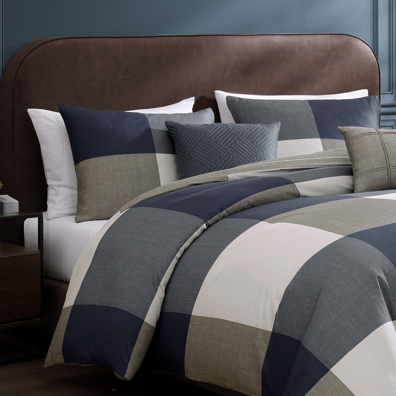 Bebejan Checkered Navy Tan 100% Cotton Sateen 5 Piece Reversible Comforter Set, Queen