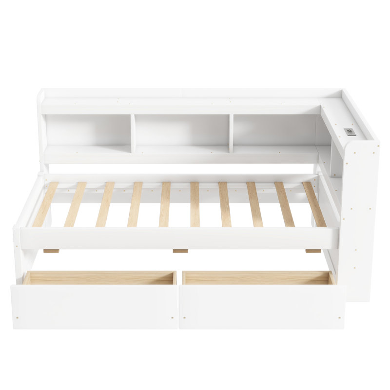 Twin Size L-Shaped Bookcase Bed with USB Charging Ports, Power Outlets & 2 Storage Drawers