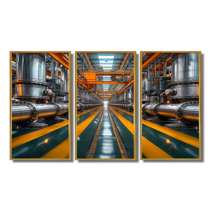 Ensemble de salon mural art mural industriel jaune et gris, Toile avec cadre flottant or, H 40 po x l 60 po x P 1 po