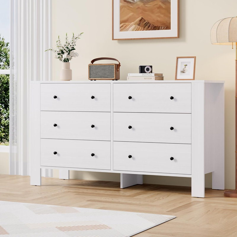 Commode blanche à 6 tiroirs - Rangement large, vestibule ou chambre à coucher, Blanc