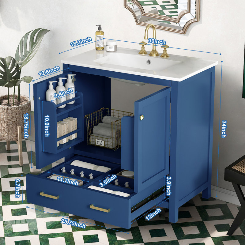 Meuble-lavabo de salle de bain avec lavabo en céramique avec portes et tiroir, Bleu