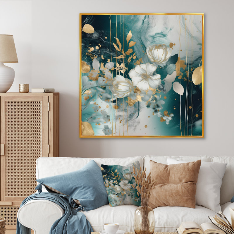 " Golden Blue Marble Flowers I ", 16" H x 16" W x 1" D, Gold Floater Framed