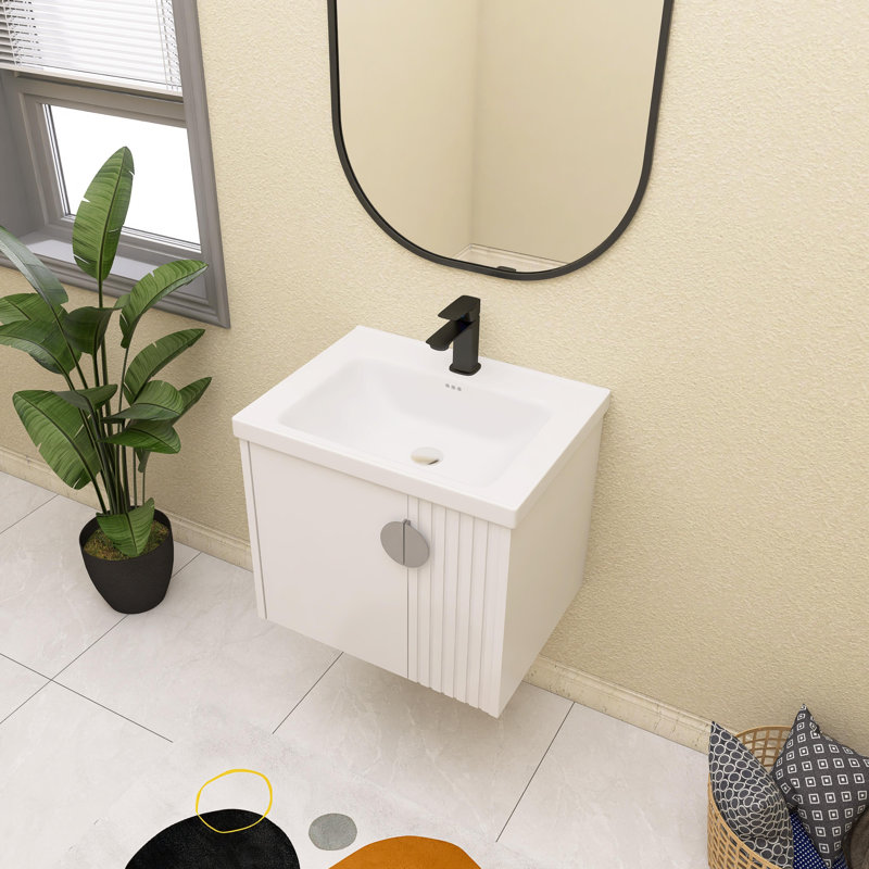 Ensemble de meuble-lavabo simple 23,84 po avec plateau en céramique Ivans, Blanc