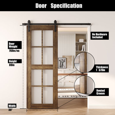 Porte de grange non assemblée et fini en verre noyer foncé 30 po x 80 po Homacer de 30 po x 80 po Homacer, usage intérieur seulement