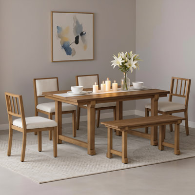 Ensemble de salle à manger et de chaises de style campagnard 6 pièces, bois de noyer avec accents beiges, structure en bois massif, chaises ergonomiques, convient pour la salle à manger et la cuisine, 6 sièges.