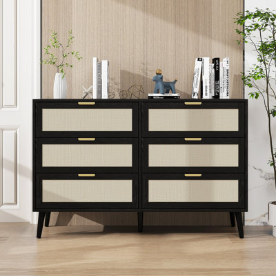 Modern 6 Drawer Dresser Wood Cabinet Natural Rattan Dresser Bedroom Dresser -  Red Barrel StudioÂ®, 815E2B81AF4745CB8B5849DD29FB952F