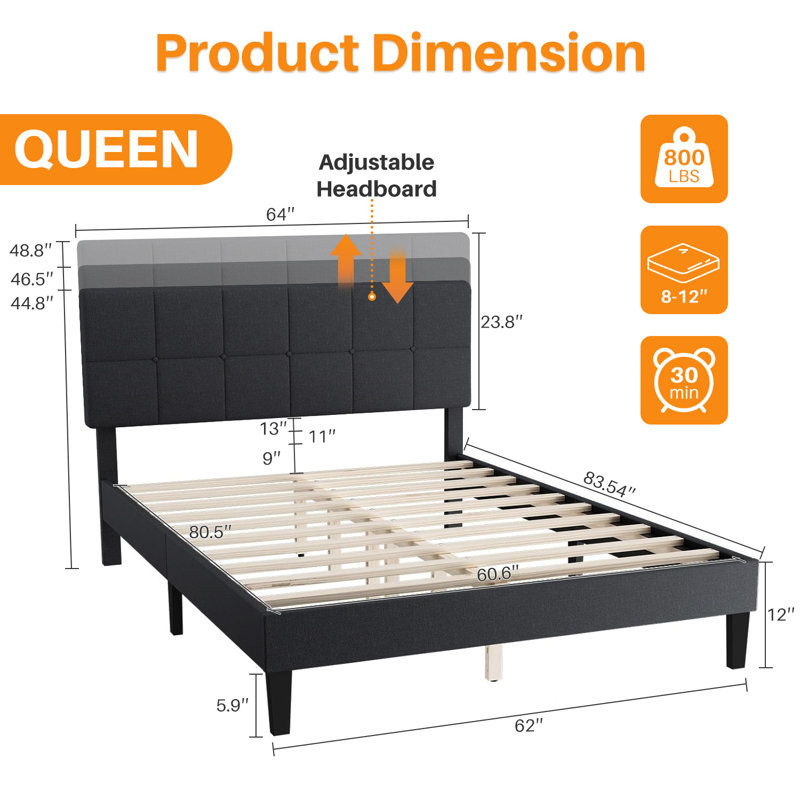 Platform Bed Frame with Upholstered Adjustable Headboard, No Box Spring Needed, Dark Grey, Queen