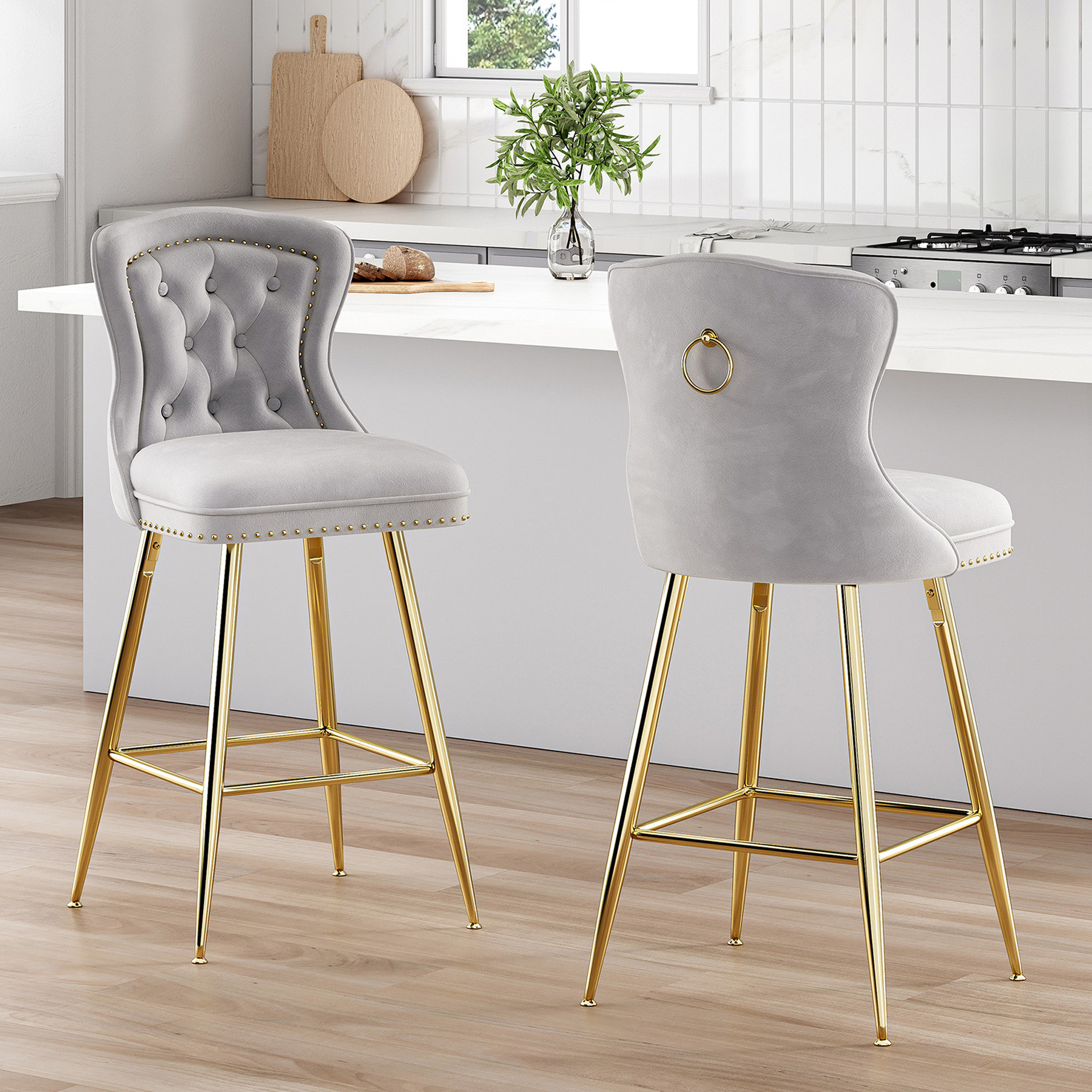 Everly Quinn Velvet Bar Stools Of 2 In , Metal Legs, Button And ...