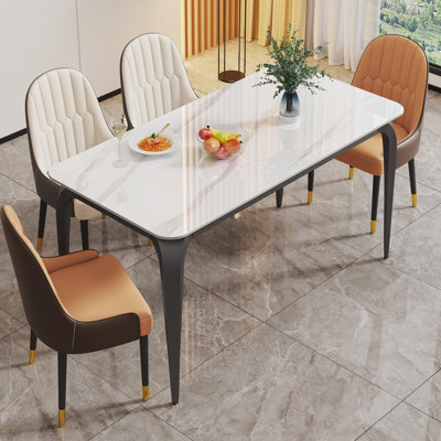 Table de salle à manger en pierre frittée blanche L 55 po x l 28 po avec pieds en métal pour la cuisine et la salle à manger
