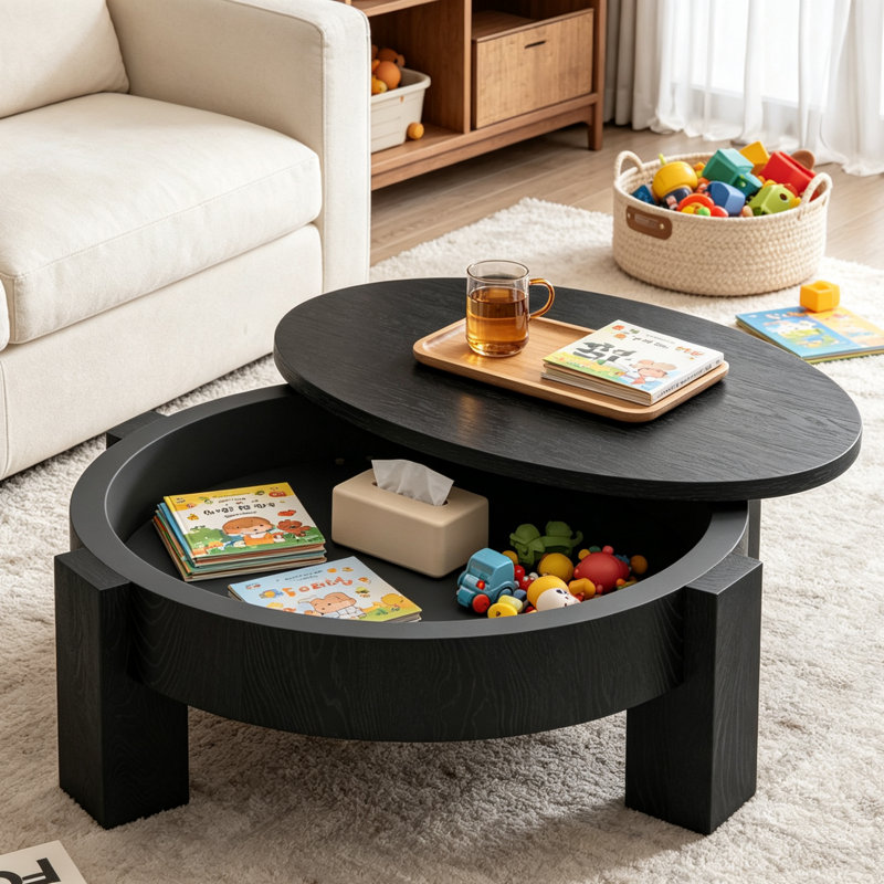 Table basse ronde de 84 cm avec rangement dissimulé, plateau en placage de bois de style wabi-sabi moderne, table centrale robuste à 3 pieds pour salon et petits espaces