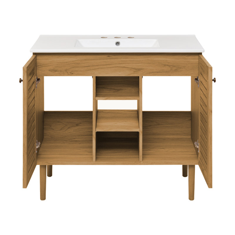Bron 36" Freestanding Bathroom Vanity in Golden Oak with 3-Hole Widespread Sink Top, White, Golden Oak, 8" Widespread