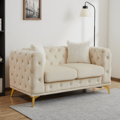 61" Velvet Chesterfield Sofa – Deep Button Tufting, Diamond Quilting, Metal Legs, 2 Color-Block Pillows, 500 lb, Apartment-Sized Glam