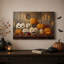 Art mural sur toile sculpté citrouilles orange et blanches avec bougies allumées-661127365