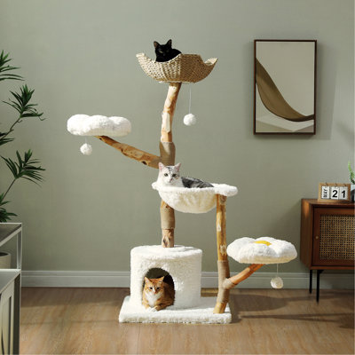 Tour pour arbre à chat 59 po avec grands perchoirs 59 po avec 2 perchoirs à fleurs - Poteau à griffer en bois massif naturel avec branche véritable - Mobilier pour chat Boho de luxe avec lit de condos et panier en osier