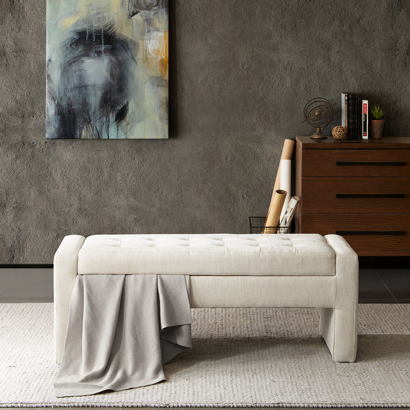 Siège de rangement rembourré avec capitonnage à boutons et banc pratique à fermeture douce en crème pour la décoration intérieure