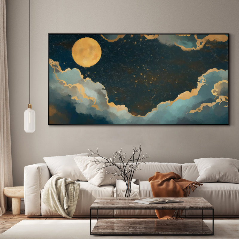 Lune céleste avec nuages de nuit, ciel rêveur, illustrations, très grand art mural encadré (assemblage requis)