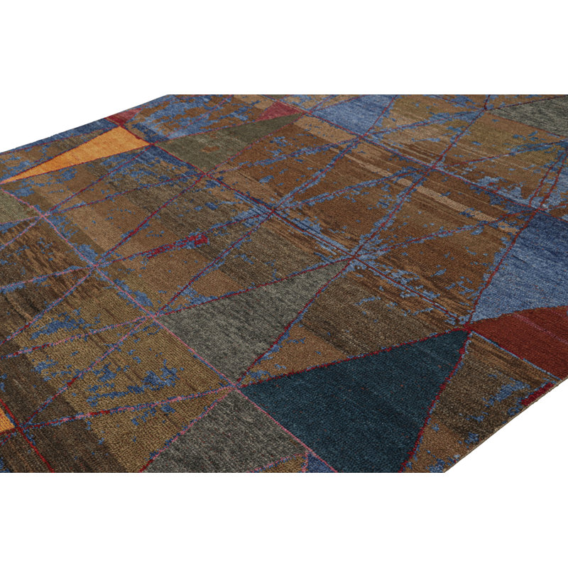 Rug & Kilim’S Moroccan Style Rug, Brown With Blue Tribal Geometric Patterns