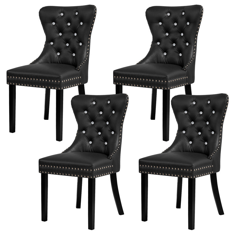 Faux Leather Wing Back Dining Chairs with Diamond-Tufted Back (Set of 4), Black/Black, 4