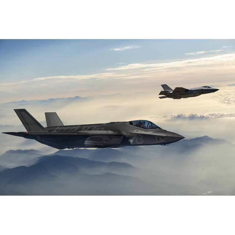 Fighter Jets Flying Over The Fogy Mountains At Dusk by Guvendemir - No Frame Print on Canvas, 81cm H x 122cm W