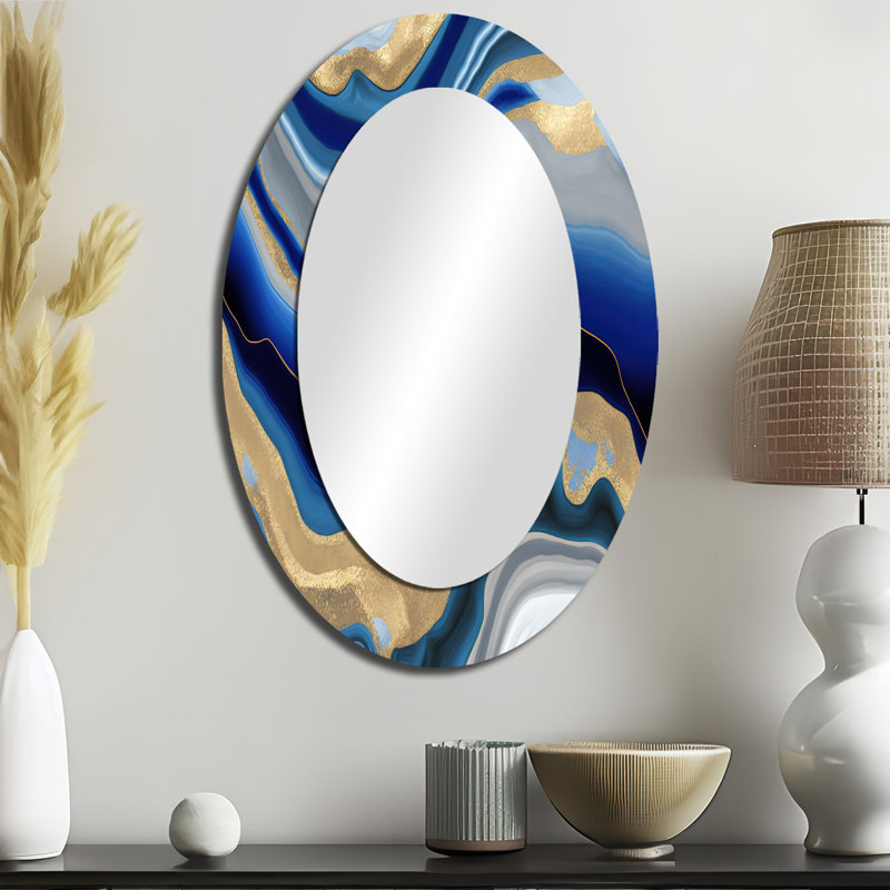 Agate vibrante bleue et dorée III - Miroir décoratif ovale abstrait sur métal, 36 po x 24 po