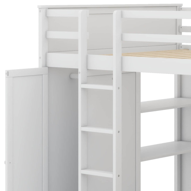 Lit mezzanine double avec lit simple attaché, étagère, bureau et garde-robe, Blanc