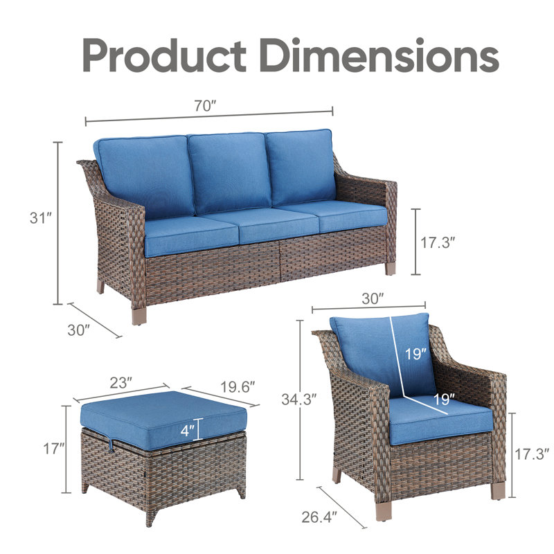 Tya Wicker Sofa Seating Group with Ottomans, Blue