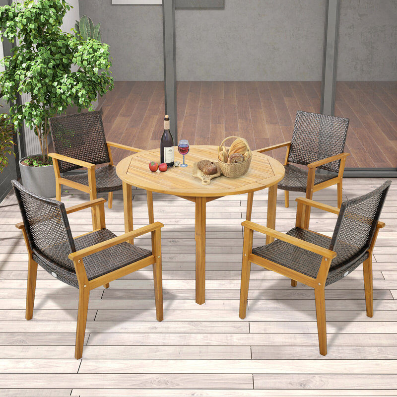 Tieron 4 - Person Acacia Wood Patio Dining Set with Round Table