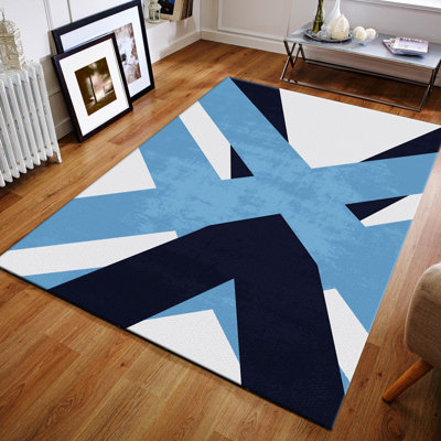 Tapis en jute tissé à la machine Ottoville bleu / blanc / noir