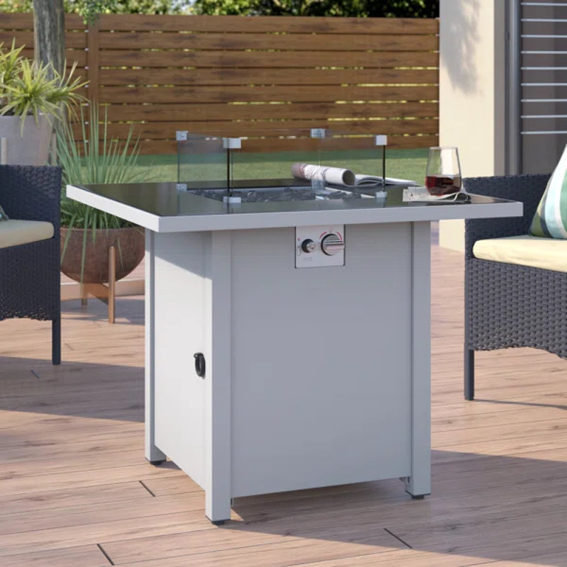 30" Metal Fire Pit With Powdercoated Finish And Smoked Glass Top, White